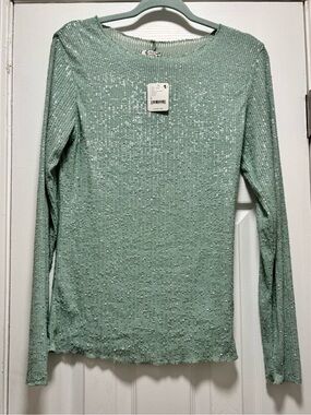 Free People Mint Sequin Long Sleeve Top